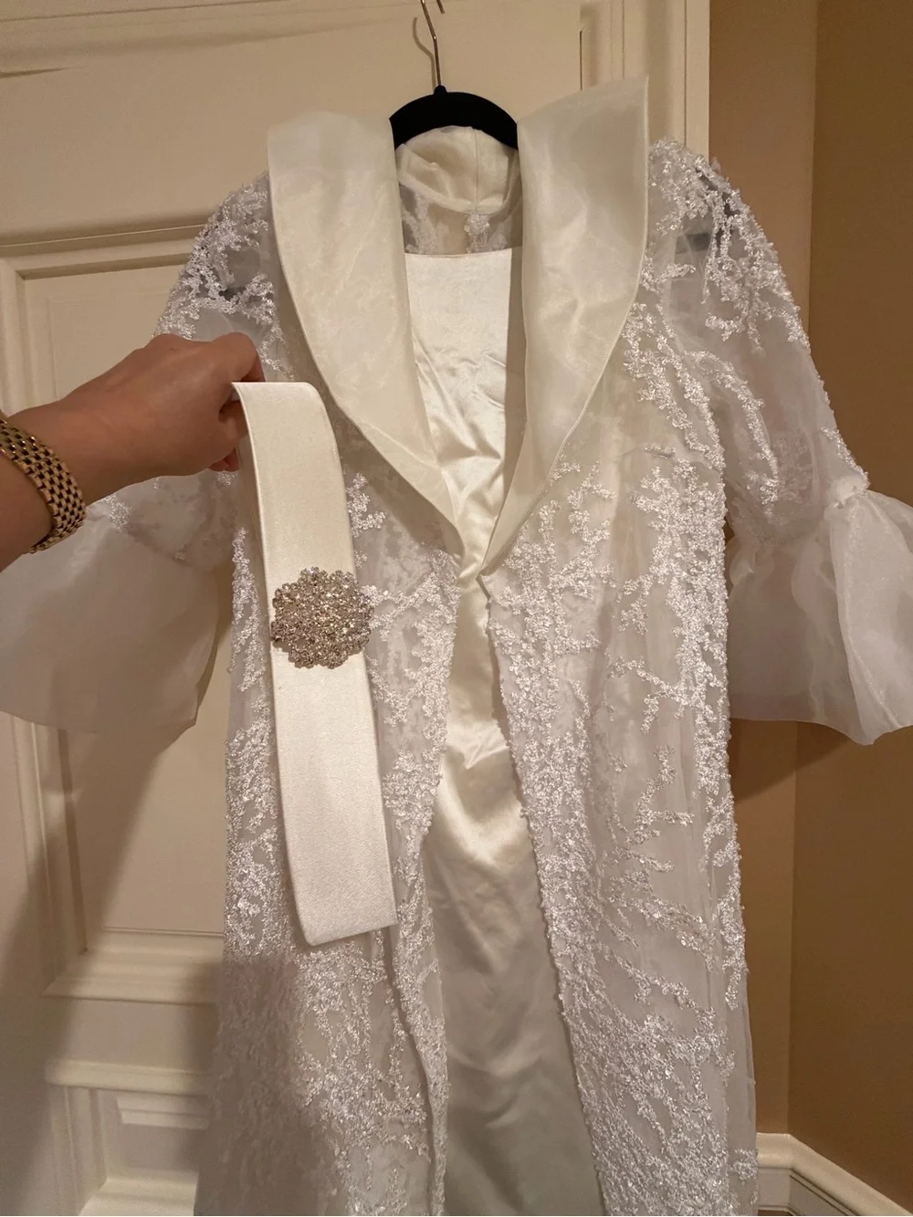 Girls White Beaded Lace Coat with Satin Belt